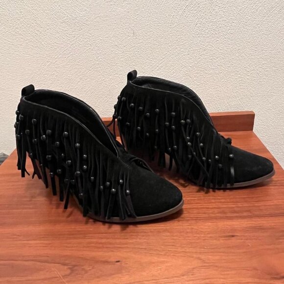 Women's Beast Fashion Black Suede Ankle Boots with Fringe & Beads size 7.5/38 - Picture 2 of 6